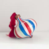 "Red, Pink and Blue Striped Ornament with Red Ribbon" - Ornaments in multicolor by Mary Gaspar