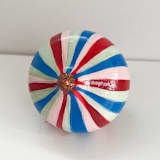 "Red, Pink and Blue Striped Ornament with Red Ribbon" - Ornaments in multicolor by Mary Gaspar