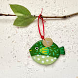 "Personalized,Hand-made Clay, Festive, Green Blowfish Ornament" - Ornaments in green by AlisonJerry