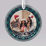"Green and Blue Christmas Plaid with Family Name and Photo Jade Glass Round Ornament" - Ornaments in multicolorassorted-colors by Colin Supple
