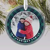 "Green and Blue Christmas Plaid with Family Name and Photo Jade Glass Round Ornament" - Ornaments in multicolorassorted-colors by Colin Supple