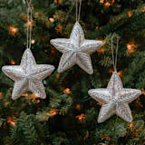 "Silver Zardozi Star Ornament Set" - Ornaments in white by Aahlada Chennupati