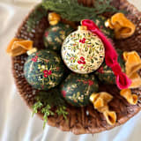 "Holiday Sprigs on Cream - Large Round Ornament" - Ornaments in multicolorassorted-colors by Sara Swanson
