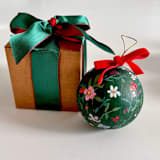 "Hand-Painted Botanical Christmas Ornament on Green Background" - Ornaments in green by Arohika Verma