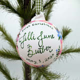 "Personalized Floral Gingham First Christmas Ornament" - Ornaments in pink by Ashley Myers