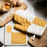 "Patchwork Pot Holder - Mustard" - Oven Mitts and Pottholders in yellow by Anchal