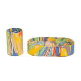 "Hand-Marbled Desk Tray & Pencil Holder Organizer in Rainbow Marbling" - Pencil Case in yellow by Inner Child