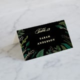 "Emerald Leaves" - Place Cards in Midnight by Susan Moyal - Folded with Free Guest Printing