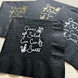 "Cheers, salud, cin cin, santé cocktail napkins - Black Napkins (Set of 20)" - Party Napkins in black by Maria Ferrer G.