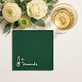 "Elegant Green Linen-Like Napkin with Personalized Family Name & Champagne Glass Icon" - Party Napkins in green by Papel Custom Design