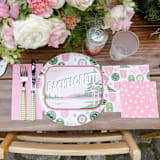 "Camp Bachelorette Postcard Dinner Plates - Set of 8" - Party Plates and Bowls in pink by Jollity and Co