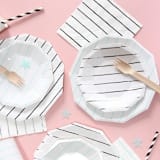 "Ink Frenchie Striped Large Plates - Set of 8" - Party Plates and Bowls in black by Jollity and Co