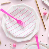 "Blush Frenchie Stripes Large Plates" - Party Plates and Bowls in pink by Jollity and Co