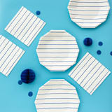 "Cobalt Frenchie Stripes Large Plates" - Party Plates and Bowls in blue by Jollity and Co