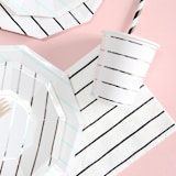"Silver Metallic Frenchie Stripes Small Plates" - Party Plates and Bowls in silver by Jollity and Co