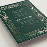 "Illuminated Storybook" - Foil-Pressed Rehearsal Dinner Cards in Evergreen by Alethea and Ruth - Detail