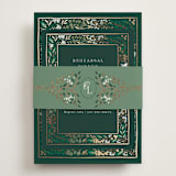 "Illuminated Storybook" - Foil-Pressed Rehearsal Dinner Cards in Evergreen by Alethea and Ruth - Assembled with Belly Band