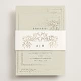 "Foil Botanical Frame" - Foil-Pressed Rehearsal Dinner Cards in Taupe by Hannah Williams - Assembled with Belly Band