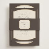 "Arch Frame" - Foil-Pressed Rehearsal Dinner Cards in Cognac by Emily Betts - Assembled with Belly Band