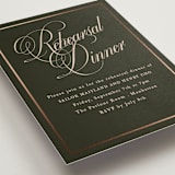 "Playbill" - Foil-Pressed Rehearsal Dinner Cards in Midnight Forest by Morgan Kendall - Detail