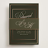 "Playbill" - Foil-Pressed Rehearsal Dinner Cards in Midnight Forest by Morgan Kendall - Assembled with Belly Band
