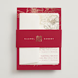 "Double Peony" - Foil-Pressed Multi-Event RSVP Cards in Ruby by Janean Hinger - Assembled with Belly Band