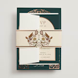 "Autumnal Arch" - Foil-Pressed Multi-Event RSVP Cards in Deep Sea by Erin German - Assembled with Belly Band
