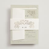 "Foil Botanical Frame" - Foil-Pressed Multi-Event RSVP Cards in Taupe by Hannah Williams - Assembled with Belly Band