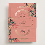 "Birds of Paradise" - Foil-Pressed RSVP Online Enclosure Cards in Coral by Julie Hebert - Assembled with Belly Band
