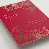"Double Peony" - Foil-Pressed RSVP Online Enclosure Cards in Ruby by Janean Hinger - Detail