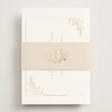 "Floral Crest" - Foil-Pressed RSVP Online Enclosure Cards in Champagne by Cass Loh - Assembled with Belly Band