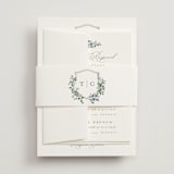 "Foliage Crest" - Multi-Event RSVP Cards in Sky by Everett Paper Goods - Assembled with Belly Band