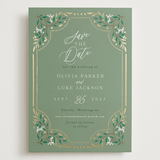 "Illuminated Storybook" - Save the Dates in Evergreen by Alethea and Ruth - Front