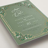 "Illuminated Storybook" - Save the Dates in Evergreen by Alethea and Ruth - Detail