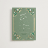 "Illuminated Storybook" - Save the Dates in Evergreen by Alethea and Ruth - Front