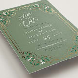 "Illuminated Storybook" - Save the Dates in Evergreen by Alethea and Ruth - Detail