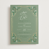 "Illuminated Storybook" - Save the Dates in Evergreen by Alethea and Ruth - Front