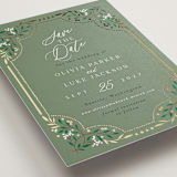 "Illuminated Storybook" - Save the Dates in Evergreen by Alethea and Ruth - Detail
