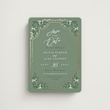 "Illuminated Storybook" - Save the Dates in Evergreen by Alethea and Ruth - Front
