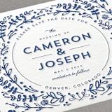 "Floral Frame Square Letterpress" - Letterpress Save The Dates in Lapis by Lori Wemple - Detail