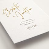"Marked" - Letterpress Save The Dates in Matte Gold by JoAnn Jinks - Detail