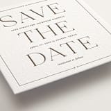"Quiet Luxury" - Letterpress Save The Dates in Coffee by Oscar and Emma - Karly Depew - Detail