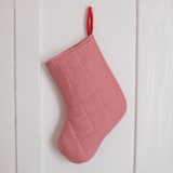 "Small Pink Quilted Stocking with Red Ribbon Hook Detail" - Stockings in pink by Quiet Goods