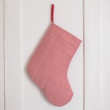 "Small Pink Quilted Stocking with Red Ribbon Hook Detail" - Stockings in pink by Quiet Goods