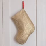 "Small Gold Quilted Stocking with Red Ribbon Hook Detail" - Stockings in gold by Quiet Goods
