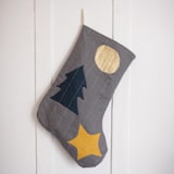 "Charcoal Quilted Stocking with Multi-Color Appliqué Details No.2" - Stockings in gray by Quiet Goods