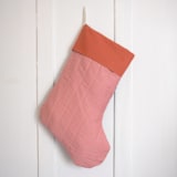"Pink Quilted Stocking with Red Appliqué and Cuff Details" - Stockings in pink by Quiet Goods