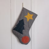"Charcoal Quilted Stocking with Multi-Color Appliqué Details No.1" - Stockings in gray by Quiet Goods