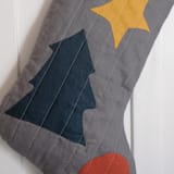 "Charcoal Quilted Stocking with Multi-Color Appliqué Details No.1" - Stockings in gray by Quiet Goods