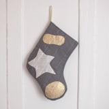 "Small Charcoal Quilted Stocking with Multi-Color Appliqué Details" - Stockings in gray by Quiet Goods